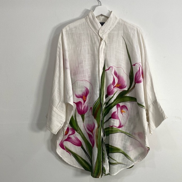 Boho Art to Wear Button Down Top Organic Cotton Hand Painted One Size - Picture 1 of 14